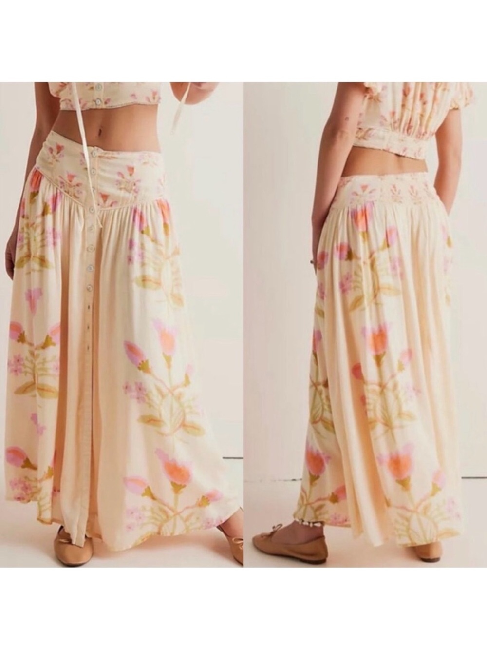 Free People Cream Maxi Skirt with Pink & Peach Floral Print